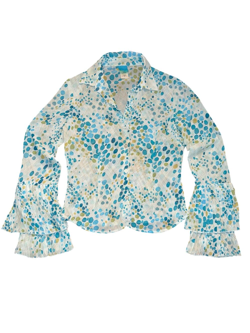 To The Max! Blue Polka Dot Tiered Pleated Bell Sleeve Button Up Blouse Small